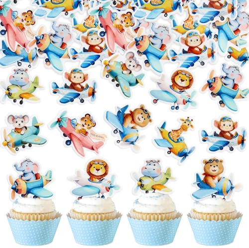 Blumomon 40Pcs Pre-Cut Edible Animal Cupcake Toppers Animal Airplane for Kids Boys Girls Baby Shower Animal Themed Kids Birthday Party Favor Decorations