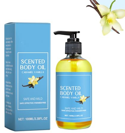 Huile corporelle au caramel et à la vanille - Hydratante et nourrissante - Soin pour la peau sèche - Non grasse - Absorbant rapidement les mains du corps - Parfum doux - Traitement relaxant (1 pièce)