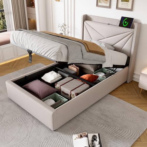 TOBIDOEN Einzelbett 90x200 cm, Polsterbett mit Stauraum und Kopfteil für Intelligente Bedürfnisse, Stauraumbetten Bettrahmen Erwachsene mit Lattenrost, Stoffe aus Leinenmaterial, Ohne Matratze, Beige