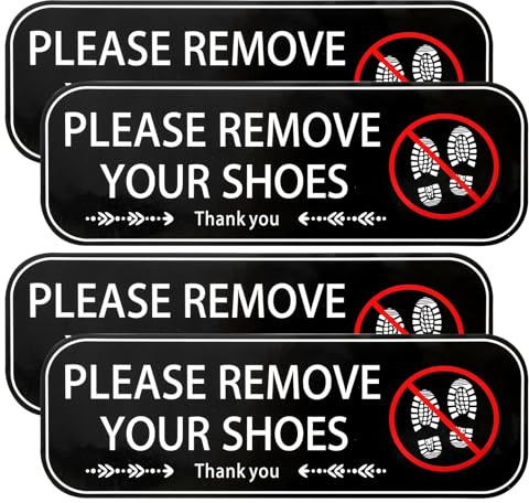 XLIUAX 4Pcs Please Remove Your Shoes Sign, Self-Adhesive No Shoes Sign for House, Rectangular Take Your Shoeses Off Sticker for Front Door Offices Cafes Restaurants (9 x 3)