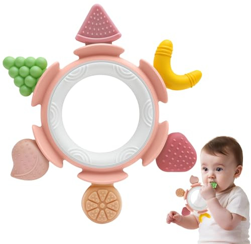 Baby Teething Ring Toy for 3-12 Months, Silicone Infant Teether for Sore Gum Relief, Soothing Sensory Chew Toy, Ideal Newborn Gift for Boys Girls Baby Shower, Birthday or Easter, Pink