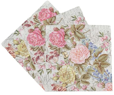 Dekorative Papierservietten mit Vintage Blumenmuster, Rosa und Gelbe Rosen, 20 Stück I Ideal für Hochzeit, Taufe, Kommunion, Geburtstag I Stoffservietten - Blumen, Rosen I Farbe: Floral Moments