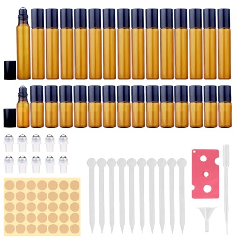 FunnAura 30 Pcs Roller Ball Bottles for Essential Oils Set, 5ml 10ml Rollerball Bottles with Accessories
