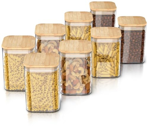 Arendo - Vorratsgläser mit Deckel 1200ml - 8er Set - Behälter aus Glas – hitzebeständig – Vorratsdosen/Vorratsbehälter mit Bambusdeckel - luftdicht - für Müsli Zucker Mehl Kaffee Reis