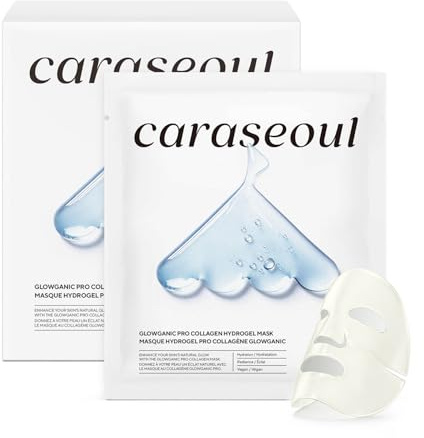 caraseoul Glowganic Pro Colageno Mascarilla Facial Hidrogel - Niacinamida (Vitamina B3) y Adenosina, Hidratante e Iluminadora, Minimiza Poros, Skincare Coreano, Vegana, Mascarillas de Noche [4 Piezas]