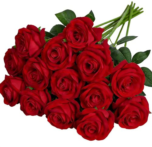 CECOMBINE 14 Pcs Red Artificial Roses, 20in Single Long Stem Silk Fake Rose, Realistic Red Roses for DIY Bouquets, Wedding, Party, Valentines Table Decorations, Garden Arrangements