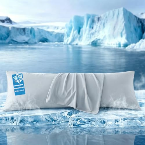 Beqnat Kühlender Seitenschläferkissen 40x145cm 2er, Sommer Kissenbezug Weicher für Heißschläfer, Atmungsaktiv Kühlfaser Kissenhülle Q-Max>0.45 Arc-Chill, Schont Haut und Haar mit Reißverschluss, Grau