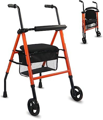 Mobiclinic, Andador Plegable, Ligero, Nerón, con Asiento y Respaldo, 2 ruedas, Conteras Antideslizantes, Máx. 100 Kg, Cesta, Acero, Naranja