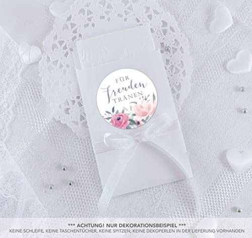 Freuden Tränen Taschentücher Set zur Hochzeit Groß 48 Sticker BLÜTEN ROSEN PASTELL ROT ROSA GRAU BLAU + 48 weiße Flachbeutel 63 x 93 mm für Freudentränen Taschentuch Verpackungen Aufkleber