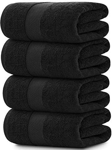 White Classic Luxury Black Bath Towels Extra Large | 100% Soft Cotton 700 GSM Thick 2Ply Absorbent Quick Dry Hotel Bathroom Towel | 27x54 Inch | Black | Set of 4