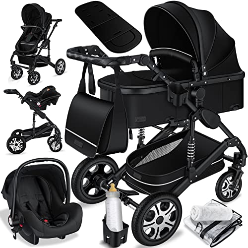 KESSER® Loops 3 in 1 Kinderwagen Kombikinderwagen Komplett-Set inkl. Babywanne & Buggy Sportsitz & Auto-Babyschale Voll-Gummireifen Wickeltasche Regenschutz Kindertisch ECE R129, Schwarz/Schwarz