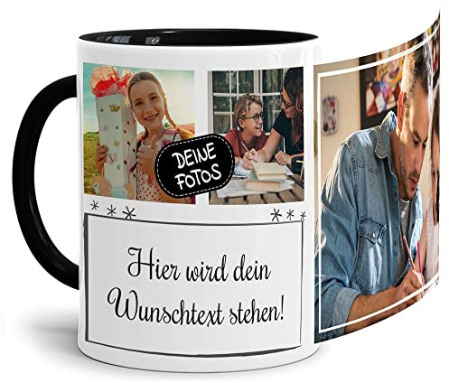 Foto-Tasse selbst gestalten mit Text & Collage für 3 Fotos - Geschenk für Familie, Freunde, Geburtstag, Weihnachten - Keramik Innen & Henkel Schwarz, 300 ml I Personalisiert