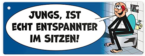 Bitte im sitzen pinkeln Metallschild im Comic-Stil in blau ein lustiges Toilettenschild für öffentliche oder auch private Toiletten um sie vor unnötiger Verschmutzung zu bewahren