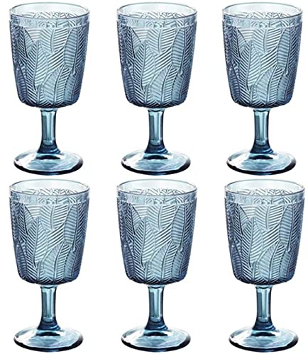 Taganov Blue Wine Glasses set of 6 Colored Goblets Drinking Vintage Embossed Glassware 11 OZ Pretty Water Stemmed Cup for Wedding Party Bar