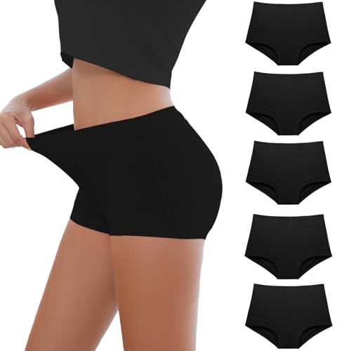 Migbean Women's Cotton Boy Shorts Underwear - High Waisted, Full Coverage, 5 Pack, Black