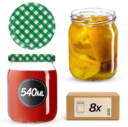 KADAX 8er Set Einmachgläser 540ml TO82 Grün kariert, Sturzgläser Mason Jar mit Schraubdeckel, Luftdichte Twist-off Gläser, Meal Prep, Overnight Oats, Sauerteig