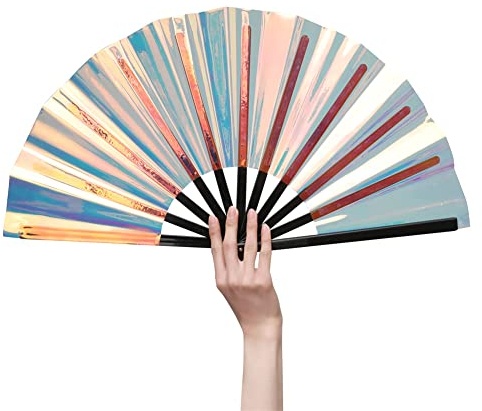 HeyToo Großer glänzender Rave-Handfächer, zusammenklappbar, für Party, Nachtclub, Festival, Halloween-Outfit, Zubehör, 33 cm, transparent