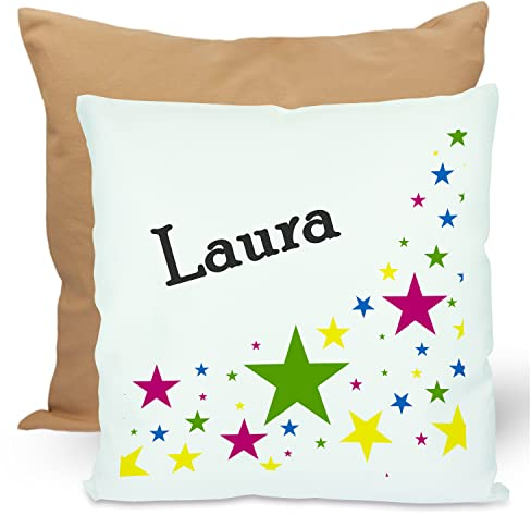 CreaDesign, Kinder Kissen 40x40 cm personalisiert mit Namen, Kinderzimmer Deko Kissen Kinder mit Füllung Federn, Motiv Sterne, Rückenfarbe Beige