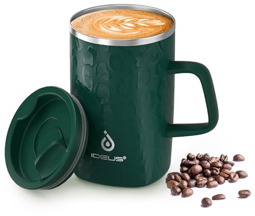 Ideus 16oz Insulated Stainless Steel Coffee Mug with Lid Leopard Dark Green | 18/8 Stainless Steel | Double Wall Vacuum | 3D Print Finish | Sweat-Free Exterior | Sliding Lid | Ideal for Home & Office
