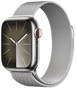 Apple Watch Series 9 (GPS + Cellular, 41 mm) Smartwatch mit Edelstahlgehäuse und Milanaise Armband in Silber. Fitnesstracker, Blutsauerstoff und EKG Apps, Always-On Retina Display, Wasserschutz