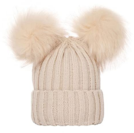 PythJooh Baby Winter Warm Hat Kid Cute Pom Pom Wooly Crochet Hats Beanie Hats for Baby Girl Boy Kids 0-3Years Beige