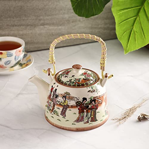 House of Mishka Ceramic Tea Pot with Removable Stainless Steel Infuser and lid, Blooming & Loose Leaf Ancient Tea Kettle - 600ml with Handle for Hot Water, Coffee Pot, Water Pot