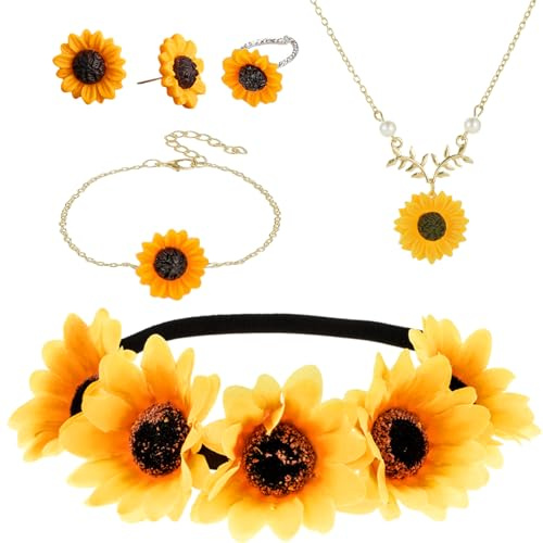 Ourdort Sonnenblumen Kostüm Damen Mädchen,mit Blumenkranz Haare Ohrstecker Blumen-Armbänder Gänsenblümchen Ring,für Karneval Hochzeit Party