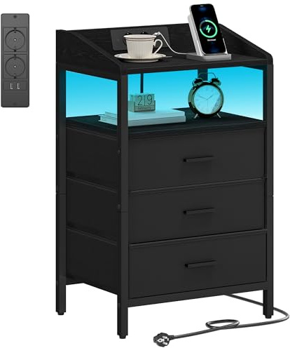 Hzuaneri Sängbord med LED-lampor och laddningsstation, gavelbord med 3 förvaringslådor och hyllor i tyg, sidobord med USB-portar och eluttag, nattduksbord för sovrum (Svart, 1er Set)