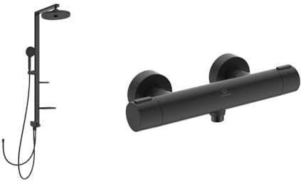 Set aus Ideal Standard BD585XG Alu+ Duschsystem mit 2 Ablagen, 2-Funktionshandbrause, 2-Funktionskopfbrause und Brauseschlauch 175cm, Schwarz + BD582XG Alu+ Brausethermostat für Dusche, Aufputz