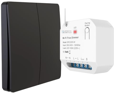kinetic-switch Funklichtschalter Set dimmbar mit batterielosem Funkschalter (IP67) und smartem Kompakt-Empfänger auch über tuya App sowie Amazon Alexa und Google Home steuerbar (Schwarz)