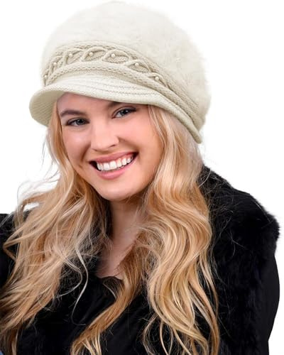 CheChury Damen Wollmütze Winter Mütze Warme Strickmütze Frauen Beaniemütze Retro Schirmmütze Grobstrick Frauen Kaschmir Mütze Damen Bowler Hut Winter Strickmütze mit Schirm Damen Barett Fleece