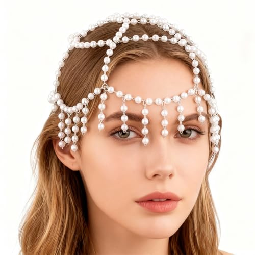 GORGECRAFT Coiffe à Perles Style Charleston Coiffe Blanche en Plastique Style Vintage Bijoux de Mariée Style Gatsby Style Charleston Style 1920 chaîne de Tête pour Costume de Mariage Style Cheveux