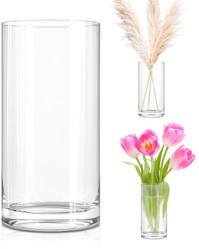 LOMUG Vase cylindrique en verre transparent - 20 cm de haut - Grand vase rond et étroit - Vase à fleurs cylindrique en verre transparent - Pour décoration moderne de la maison - Pour herbe de la pampa