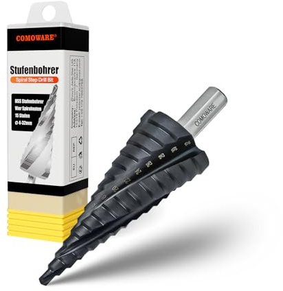 COMOWARE Broca escalonada, 10 mm, vástago profesional, HSS, diámetro 4-32 mm, 15 niveles, broca de metal de alta calidad M35 TiAIN Step Drill Bit con 4 ranuras en espiral para metal, madera, plásticos