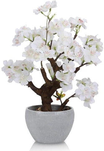 HPNIUB Artificial White Cherry Blossom Potted Plant with Stone Pot, Fake Flowers Potted Faux Plant Desk Decor, Realistic Decorative Plants Indoor Decor for Home Bedroom Bathroom Office Desk 22x17x32cm