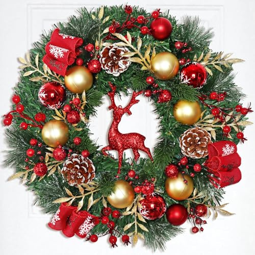 Dremisland Christmas Wreaths for Front Door Red Reindeer Door Wreath Decoration Artificial Pine Wreaths Cedar Berry Clusters Farmhouse Winter Wreaths for Home Wall Window Porch Outdoor Christmas Decor