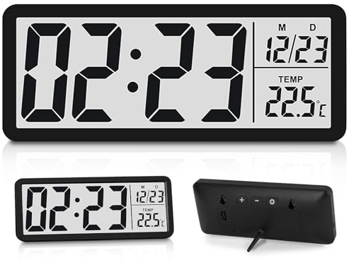 SUNOYA Digitale Wanduhr, Wanduhr Digital, Digitale Uhr, Digital Uhr Mit Ziffern, Temperatur, Datum, LCD Anzeige wanduhr Batteriebetriebe,12/24 Std, Für Wohnzimmer Büro Schlafzimmer (20.2 X 8 X 2 cm)