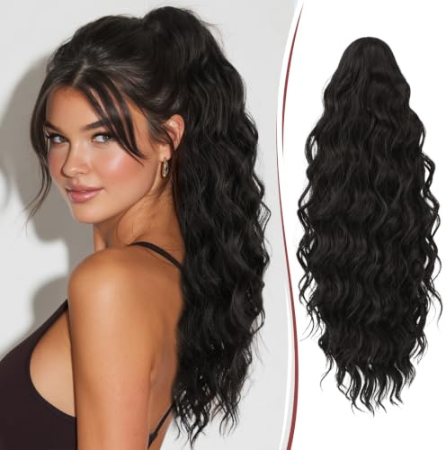 RUWISS Pferdeschwanz Verlängerung mit Klammer, 50 cm Lange Lockig Wellig Claw Clip in Ponytail Synthetik Haarteil Pferdeschwanz für Frauen, Schwarz Braun
