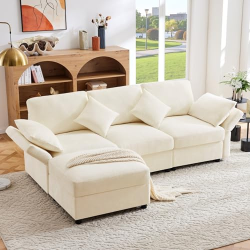 Canapé d'angle convertible en L avec repose-pieds,canapé 3 places tissu relax,canapé convertible 3 places,4 coussins,accoudoirs réglables,tissu chenille confortable (Beige + Chenille + 4 places)