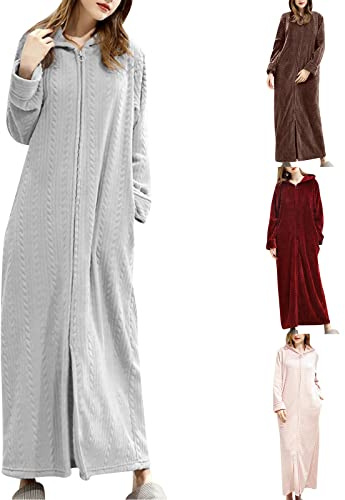 MJGkhiy Camicia da Notte Donna Invernale Flanella Calda Lunga Pigiama Pile Vestito da Notte con Tasche e Zip Elegante Morbido e Confortevole Caldo Felpata Camicia con Cappuccio Loungewear