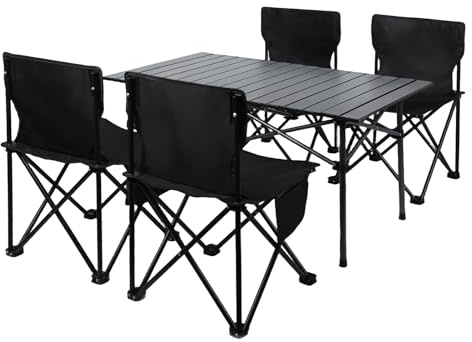 Set di tavolo e sedie da campeggio pieghevoli per 4 persone, tavolo da picnic arrotolabile portatile con grande borsa portaoggetti, ideale per barbecue all'aperto, spiaggia, pesca e uso interno, 95 cm