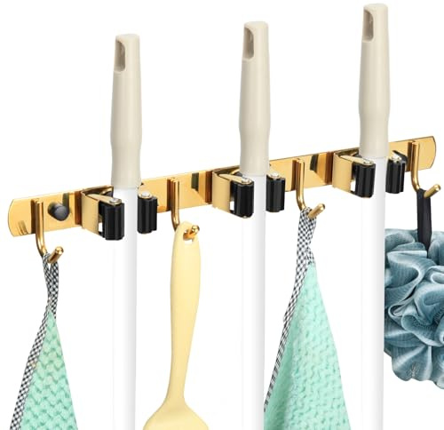 BLAGAIN 3 Racks and 4 Heavy Duty Hooks Mop and Broom Holder Wall Mount, Non-slip Organizer Storage Tool Racks for Garage,Kitchen,Closet, Laundry Room,Garden. Gold