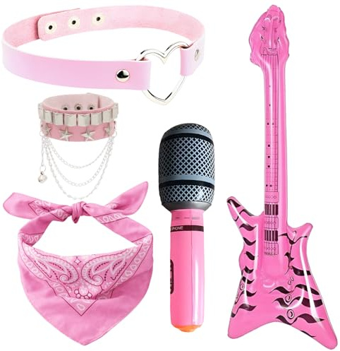 Rocker Outfit Damen Set mit 5 Teilen inklusive Gitarre und Accessoires, Rockstar Kostüm, Rockerbraut Kostüm Damen mit aufblasbarem Mikrofon, Faschingskostüme Damen für Partys und Veranstaltungen