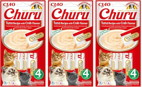 INABA Churu - Friandises pour Chats en Purée au Thon & Crabe - Délicieux Snacks pour Félins - Texture Lisse et Onctueuse - Nourriture pour Chats - 4 Tubes x 14g (Lot de 3)