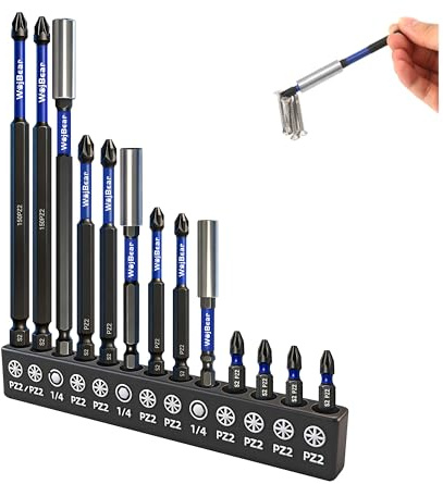 WojBear 13 PCS Anti Slip Screwdriver Bits, PH1 PH2 PH3 Magnetic Screwdriver Bit Set with Magnetic Drill Bit Holder (100mm*5 / 50mm*4 / 25mm*4)