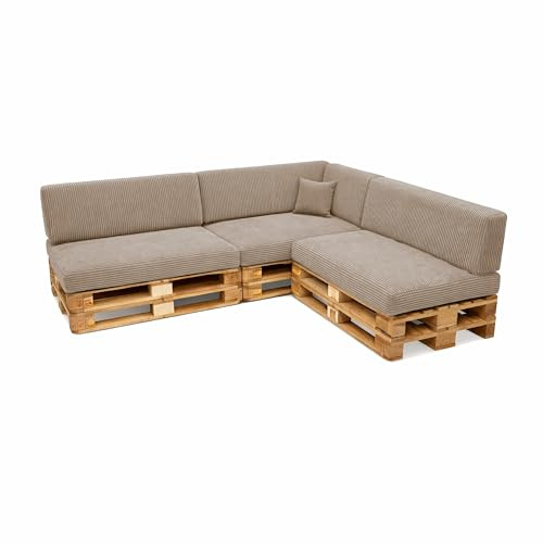 POKAR Palettenkissen 8er Set: 3X Sitzkissen 120x80 + 3X Rückenkissen 120x40 + Seitenkissen + Dekokissen | Palettenauflagen für Palettensofa aus Cordstoff mit Abnehmbarem Bezug | Made in EU | Beige