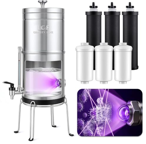 LCF Filtre à eau par gravité UV-C amélioré, alternative avancée au système de filtre à eau Berkey, norme NSF42, réduit 99 % du chlore et de l'eau, 6 filtres, robinet de niveau d'eau, 3 gallons