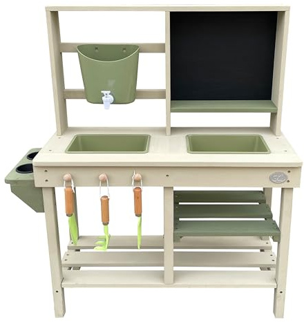 AXI Sev Sand & Water Play Kitchen/Mud Kitchen made from Hemlock wood – Grey/Green | Multifunctional sand kitchen for children, including a 3-piece accessory set with gardening tools