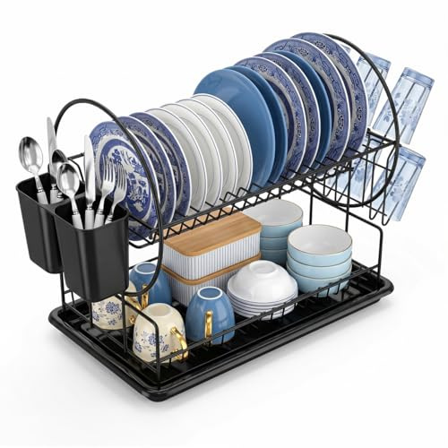 Toyana Dish Drainer Rack with Drip Tray - 2 Tier Space-Saving Kitchen Drying Rack for Countertop, Matt Black Carbon Steel Dish Rack with Cutlery Holder and Glass Organiser