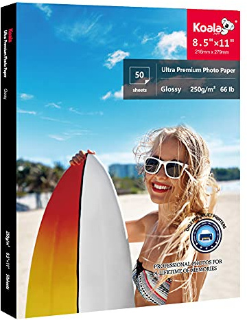 Koala Premium Photo Paper 8.5x11 Inch Glossy Photo Printer Paper for Inkjet Printer Water Resistant 66lb 50 Sheets